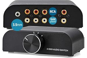 TronicXL Interruttore audio stereo analogico a 4 ingressi, jack AUX 3,5 mm + 3 x (2 x jack RC), 2 interruttori RCA di commutatore di ingresso, ingresso morbido, 1 output, 4 interruttori audio, scatole