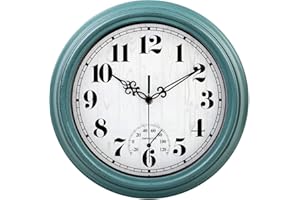 zyzamay 12 Inch Indoor Outdoor Clocks,Waterproof Wall Clock with Thermometer,Easy to Read,Non-Ticking Battery Operated Quality Quartz Clock, Decorative for Patio,Porch,Pool,Bathroom,Deck(Green)