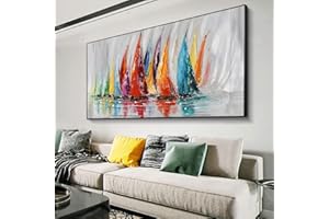 KADING Tableau abstrait sur toile Peinture colorée de bateau à voile Peintures à l'huile sur toile de grande taille Art mural moderne pour décor de salon 72x35cm (28x14in) avec cadre