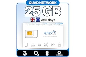 Wave Connect UK Quad Network Data Only SIM, 25GB lasts 12 Months, Three, EE, O2, Vodafone 4G LTE + 5G Prepaid, Activates On First Use, Includes Europe EU, For Unlocked IoT Devices, Security Cameras