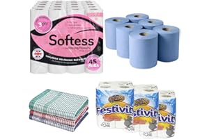 STERLING PRODUCTS HOMESmith 66-Piece Bundle – 45x 3-Ply Pink Toilet Rolls (Floral Bliss Scented), 12 Kitchen Rolls, 6 Blue Centrefeed Rolls, 3 Cotton Tea Towels – Household Tissue & Cleaning Set