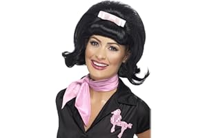Smiffys 50s Flicked Beehive Bob, Black with Ribbon Bow, 1950's Rock'n'Rolla Fancy Dress, 1950s Dress Up Wigs Halloween