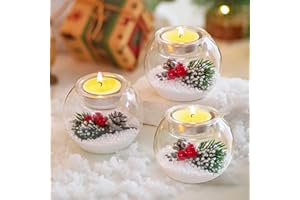 Glasseam Portacandele di Natale in Vetro: Set di 3 Portacandele Decorativi Natalizi con Bacche Rosse E Pigne Portacandele Votive per Centrotavola, Regalo per Feste