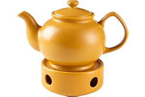 Baroni Home Teiera in Ceramica con Scaldino, Teiera con Filtro in Acciaio Inox per Tè e Caffè, 25x15x15 cm - 1000 Ml, 3-4 Persone Giallo