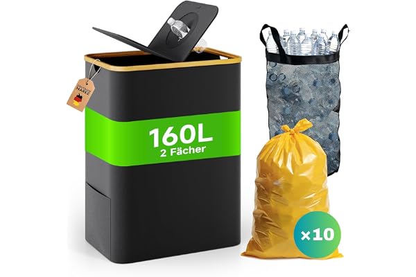 RMAN® 160 l gul påse stativ + pantflaskor samlarbehållare med lock | Papperskorg 2 fack, vattentät, vikbar, 2-i-1, stor sopsäcksställ, med 10 gula soppåsar, kök, hushåll
