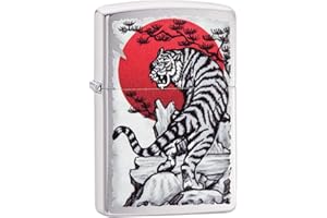 Zippo Zapalniczka Sztormowa, Azjatycki Tygrys, Szczotkowany Chrom, Kolorowy Motyw, z Możliwością Napełniania, Wielokrotnego Użytku, Płomień Odporny na Wiatr, w Pudełku Prezentowym, Made in USA