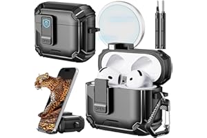 Inesore for AirPods 4 Hülle (2024) with Phone Stand Design, Compatible with MagSafe, Auto-Locking Case Cover for Air Pods 4 with Cleaning Kit & Keychain, Black