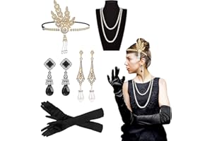 anshuke Akcesoria w stylu lat 20. XX wieku, zestaw 6 akcesoriów, w stylu Wielkiego Gatsby’ego, z opaską na czoło, naszyjnik, kolczyki, modny kostium retro, akcesoria na karnawał, Halloween, Boże Narodzenie