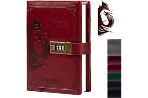 TIEFOSSI Dragon Leather Journal, cuaderno de tapa dura, diario recargable bloqueado, revistas de papel forrado/en blanco con cerradura de combinación para hombres, mujeres y niños (rojo oscuro)