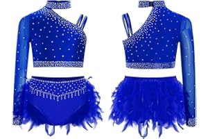Aislor Girls Crop Top with Feather Briefs Irregular Shoulder Dance Outfits 2 Piece Jazz Latin Dance Costume