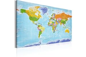 decomonkey Mapa mundi político viajes 50 chinchetas - 120x80 cm Tablero de lienzo - Letra inglesa - Geográfico Decoración de pared para el salón despacho Viaje en tablero de fibra