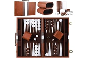 JEONDFG Backgammon Koffer Holz,2 Spieler Klassisches Reise-Backgammon-Set mit Hochwertiger Ledertasche Tragbares und mit Würfelbecher für Camper & Travel-Fans