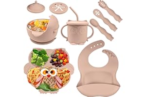 Bwaliffury Kinderteller Sets Silikon, 9 Stücke Rutschfest Geschirr Sets Mit Löffel Geteilte Platte und Lätzchen, Baby Geschirrset mit Saugnapf, Silikon Geschirr Baby für Kleinkinder