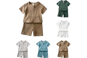 Sonnena Unisex Children's Cotton Linen Short Sleeve T-Shirt and Shorts 2-Piece Set Summer Clothing Set Casual Outfits 0-7 Years