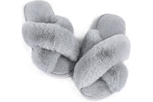 Ankis Hausschuhe Damen Plüsch mit Kreuzband Winter Warme Pantoffeln Memory-Schaum und Offene Zehenpartie Flauschige Hausschuhe Damen für Drinnen und Draußen (Weiß,Schwarz,Grau,Rosa,Kamel)