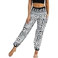 Nuofengkudu Women's Hippie Thai Trousers Boho Vintage Patterned Smocked Waist with Pockets Lightweight Yoga Pants