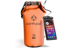 ‎EARTH PAK Earth Pak – Wasserdichter Packsack mit Schultergurt und wasserfester Handyhülle – Ideale Rolltop Tasche beim Kajak Fahren, Wandern, Camping, Angeln, Bootfahren und Rafting (Orange, 10L)