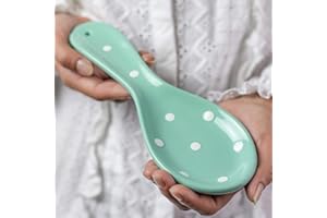 City to Cottage Spoon Rest for Stove Top, Large Ceramic Spoon Holder for Kitchen Counter, Cooking Utensil Rest for Countertop, Handcrafted Turquoise Blue Polka Dot Spoon Rest for Ladle, Spatula, Tong