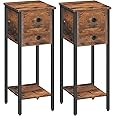 HOOBRO Narrow Bedside Table Set of 2, Slim Bedside Table, Telephone Table with 2 Drawers, Tall Side Table with Metal Frame, Small Nightstand with Open Shelf, Rustic Brown and Black EBF74BZP201