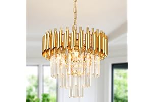 SEENVLOG Modern Led Crystal Pendant Light Golden Crystal Chandelier Lights 3-Tier Raindrop Chandelier Light Fixture Flush Mount Ceiling Light for Dining Room Living Room Table Foyer,D40cm E14x4 LED lights