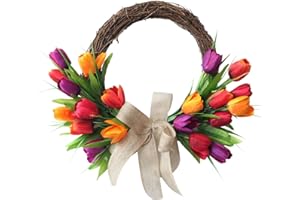 DZAAYEDIIY Artificial Tulip Wreath Diameter 40cm, Half Covered Spring/summer Door Wreath, Artificial Flower Wreath, Artificial Rattan Wreath,Hanging Holiday Decoration with Green Leaves and Burlap Bow, Colourful