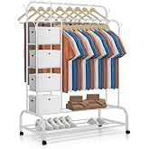 JUPPLIES Donkey Clothes Sturdy Double Coat Rack with Stand (White, with Wheels and Shelves)