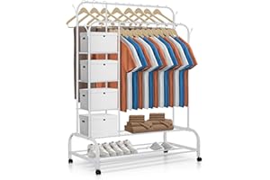 JUPPLIES Burro Ropa Resistente con Ruedas con Bloqueo y Estantes (110x56x160 cm, MAX 30 kg) – Perchero Burro Metálico con 2 Barras, 4 Estantes Laterales, Colgadores y Zapatero Doble (Negro/Blanco)