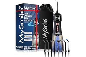 MySmile LP221 UVC Sterilizable Cordless Water Flossers for Teeth 335ML Portable OLED Display Dental Flosser with 4 Modes 8 Jet Tips and a Storage Pouch for Home and Travel (Midnight Black)