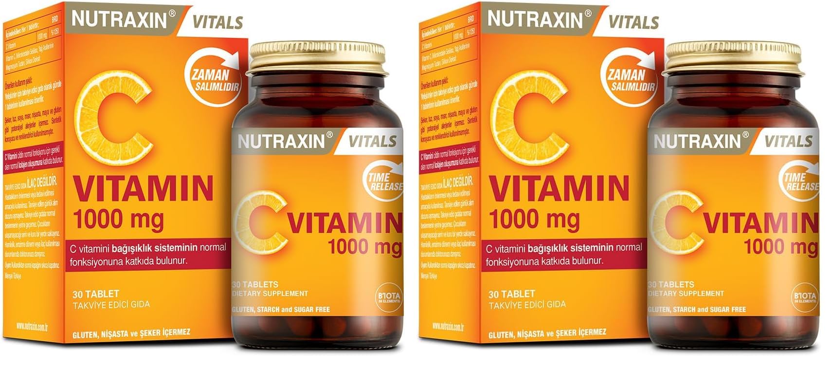Nutraxin Vitals Vitamin C 1000 mcg 30 Tablet Takviye Edici Gıda (2 paketi)