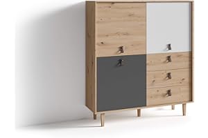 ‎BYLIVING byLIVING Highboard BILL / Wohnzimmerschrank Artisan Eiche Optik hellbraun / Schrank mit 3 Tür und 3 Schubkästen / Sideboard mit Fronten in weiß und grau / Schlaufen-Griffe / B 120, H 135, T 36,5 cm