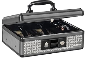 GLOSEN Cash Box with Lock, Money Box with Key & Removable Coin Tray 8.85 * 5.3 * 11.8 inch (Large)