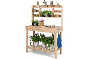 RELAX4LIFE Table de Rempotage en Bois de Sapin 153 CM avec Plateau Ouvrable, Table de Jardinage avec Étagères & 3 Crochets, Plan de Travail pour Terrasse Jardin Porche, Charge 151KG
