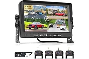 Podofo 4*Camera de Recul sans Fil AHD avec 7 Pouces Monitor Signal Numérique IP69 Étanche Vision Nocturne Grand Angle Peut DC12V,4 Écran partagé, vidéo en Boucle, Mise à l'échelle Manuelle de l'image