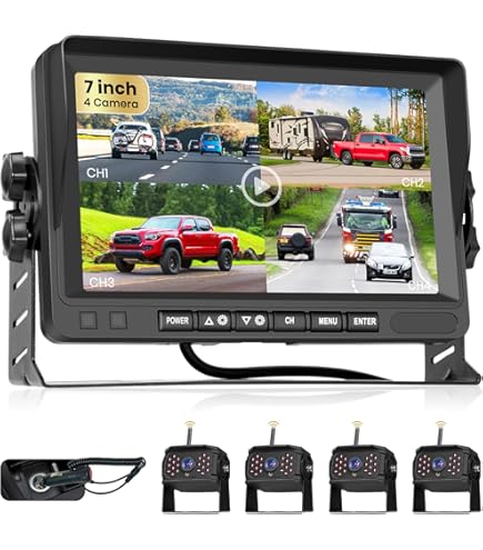 Hodozzy Draadloze digitale achteruitrijcamera, 4 camera's kit 10,1 inch IPS-scherm gesplitst scherm met opname nachtzicht achtercamera auto vrachtwagen/aanhangwagen/camper Hodozzy Draadloze digitale achteruitrijcamera, 4 camera's kit 10,1 inch IPS-scherm gesplitst scherm met opname nachtzicht achtercamera auto vrachtwagen/aanhangwagen/camper