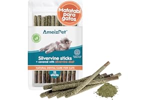 AmeizPet Hierba Gatera para Gatos, Catnip Natural Cepillo Dientes Gato, Palitos De Matatabi para Gatos Cubierto con Silvervine - Juguete Hierba Gatera 12 Pcs