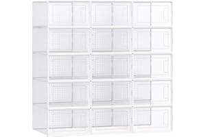 SONGMICS Cajas de Zapatos Plástico, Juego de 15 Organizadores de Almacenamiento, Caja Zapatero Plástico Plegable y Apilable para Zapatillas hasta talla 44, Transparente y Blanco LSP015W02