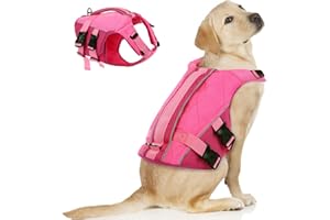 ASENKU Giubbotto Salvagente per Cani con Maniglia di Salvataggio, Giubbotto Salvataggio Cane con Elevata Galleggiabilità, Giubbotto di Sicurezza Cane Leggero Ripstop con Strisce Riflettenti Rosa XL