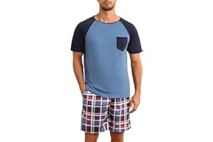Jahetuul Pyjama Homme Court Pyjama en Coton D'été pour Homme Ensembles de Pyjama Homme 2 Pièces Pyjama Court pour Homme Ete Vêtements de Nuit Short à Carreaux Vêtements de Détente Doux et Confortable
