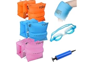 EQARD Brassard de Natation Enfant 1-6 Ans Flotteurs Gonflables pour Piscine 3 Paires Ailes d'eau PVC Aide à la Natation pour Piscine Aide à la Flottabilité avec Lunettes de Natation et Air Pompe