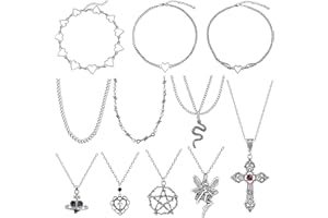 JeweBella 11 sztuk gotyckich naszyjników, zestaw srebrnych naszyjników w stylu gotyckim, punk, miłość, serce, choker, łańcuszek z krzyżykiem, pentagram, wężyk, skrzydła anioła, serce, naszyjnik, styl vintage,, Mosiądz