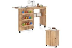 ‎COSTWAY COSTWAY 2 in 1 Nähschrank & Schreibtisch klappbar, Nähtisch aus Holz mit 3 Einlegeböden für Spulen & feststellbare Rollen, Nähmaschinenschrank für Wohnzimmer, Schlafzimmer & Büro, Natur