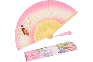 OMyTea Hand Fan Women Folding Hand Held Silk Fan - with a Fabric Sleeve for Protection for Gifts - Chinese/Japanese Vintage Retro Style (Pink)