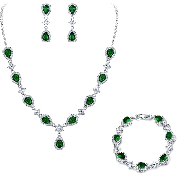 Cubic Zirconia Wedding Jewelry Set - Vine Teardrop Necklace & Dangle Earrings