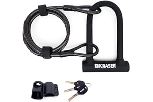 KRASER KR65145B Candado Bicicleta U, Alta Resistencia, Compacto + Cable 120cm Más Seguro y Páctico, Horquilla ø16 Acero de Doble Bloqueo, Soporte Fácil Transporte, Antirrobo Universal Bici Patinete