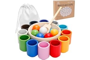 PKKP Montessori Spielzeug ab 3 Jahr, Holz Sortier Stapelspielzeug, 12 Kugeln 30 mm Regenbogen Holzkugeln in Tassen, Baby Spielzeug für Vorschule für Farbsortierung und Zählen, Geschenk ab 2 3 4 5 Jahr