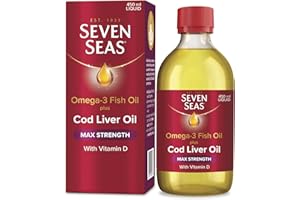 Seven Seas Omega-3 Fish Oil Plus Cod Liver Oil MAX Strength, with Omega-3, Vitamins D and Vitamin E. Food Supplement for Brain2 & Body1-4 Support, 450ml Liquid