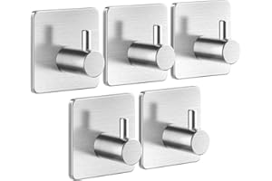 Auxmir 5 Pack Self Adhesive Hooks, Max 10kg Heavy Duty Sticky Hooks, Stainless Stick on Towel Hook, Nail Free Adhesive Hook for Kitchen, Bathroom, Cupboards, Office, Doors, Walls, Coats, Keys