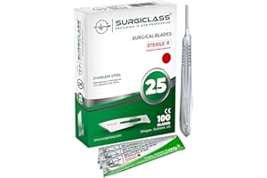 SURGICLASS Skalpellklingen Figur 25 aus Edelstahl 100 Stück steril + Skalpell-Halter - Edelstahl Perfekt für Holzkunst, Chirurgie, Bildhauerei, Laboranatomie, Kartenherstellung, Labortraining SURGIGR25-100