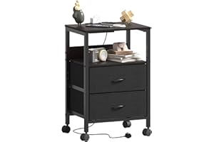 Lutown-Teen Comodino con Stazione di Ricarica e Ruote, Tavolini con 2 Cassetti in Tessuto, Comodino con Prese e Porte USB, Tavolini per Soggiorno, Camera da Letto, Alto 63 cm, Nero