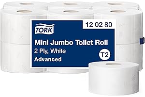 Tork 120280 Mini Jumbo Toilettenpapier in Advanced Qualität für das Tork T2 Mini Jumbo Toilettenpapiersystem / Toilettenpapier 2-lagig in Weiß, 12 x 850 Blatt